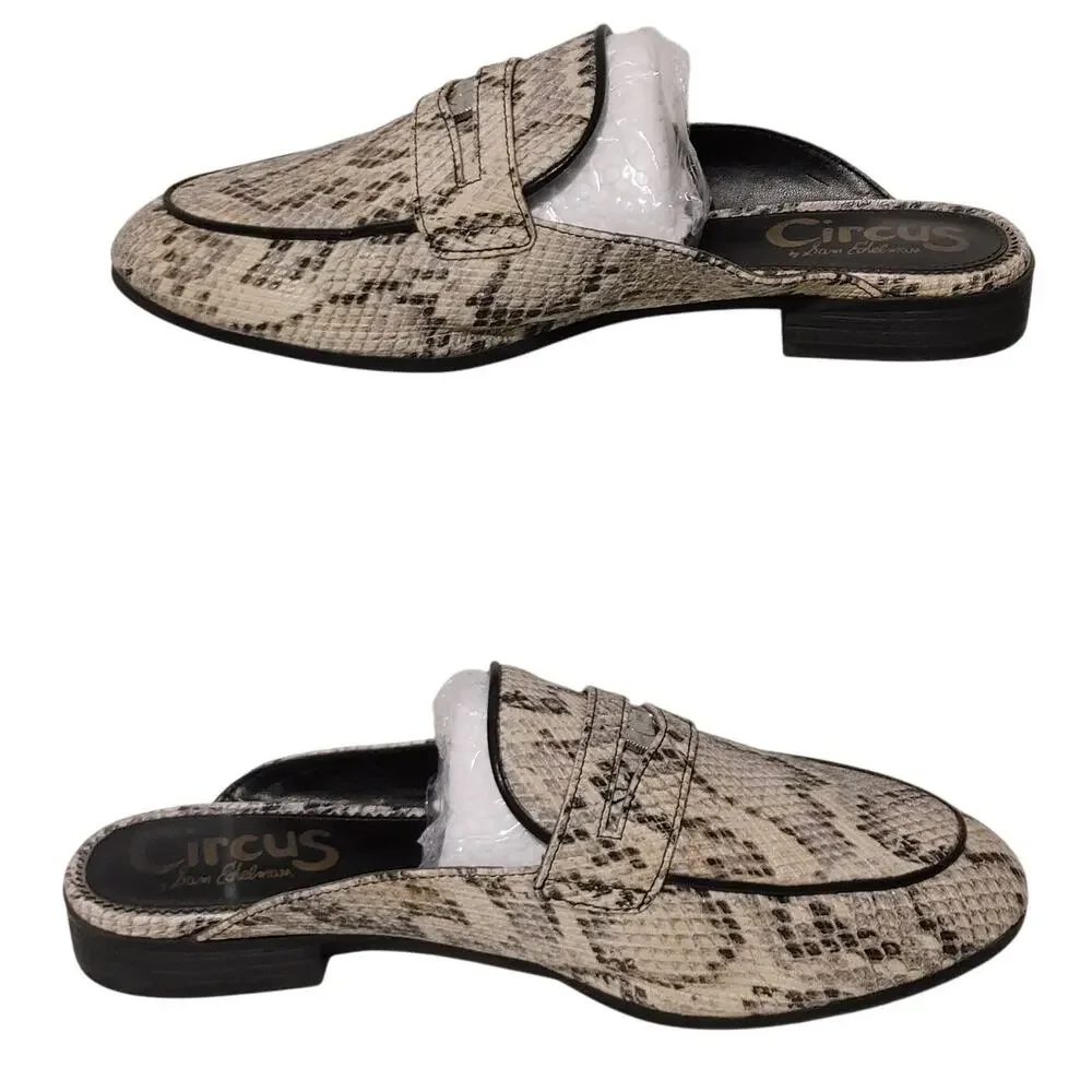Sam Edelman Circus Hal Faux Snakeskin Flat Slides Close Shoes Cream Black US 6.5